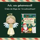 Ach, wie geheimnisvoll! Erlebe die Magie der Vorweihnachtszeit. Illustration mit Engel und Weihnachtsmann-Buch.