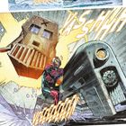 VEeeeeeeein, VASSSHHHN, VEEEEEIN, Cyborg in Rüstung auf High-Tech-Fahrzeug im Schnee, Explosion, Retro-Zuggesicht.