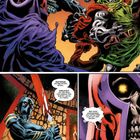 Zwei maskierte Figuren kämpfen gegen einen blauen Roboter. Dialoge: "Wie?", "Mysterium... Metall", "Angenehmes verbinden..."