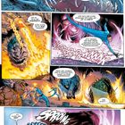 Text: "Zum Leidwesen dieser gefräßigen Kreatur...beißt das Essen zurück." Mehrere Superhelden kämpfen gegen ein Monster.