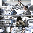 Dialogtext in Sprechblasen, verschneite Berglandschaft mit drei Personen, dramatische Comic-Szene.