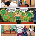 Comic mit mehreren Helden. Dialoge über Thronfolger und Macht. Eine Frau in Grün spricht zu einer Gruppe. Gesichter in Kreisen.