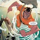 Sprechblase: „Ich töte Spider-Man... olympiern!“ Lautes „Whoooosh!“ darüber. Illustration eines Mannes im Wirbelwind.