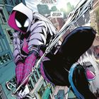 "Fünf Stunden zuvor... Ich bin Gwen Stacy, und das ist meine Story! Ich verschmolz mit kosmischem Würfel... neue Kräfte." 

Darstellung einer Figur in einem Spinnenkostüm, die durch die Stadt schwingt.