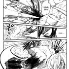 "Daneben!" steht in einer Sprechblase, "Guah..." daneben. Schwarz-weiße Manga-Illustration einer Kampfszene.