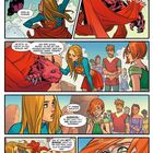 Comic mit Supergirl, die mit einem pinken Monster spricht und Menschen beruhigt. Heldenhafte Szenen mit Dialogen.
