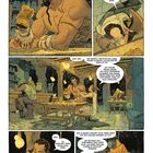 Comic-Sequenz: Verschiedene Charaktere sprechen in einer Taverne über Aufträge, ein Schwert und moralische Dilemmata.