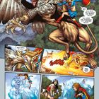 Comic mit Superheldinnen: Kampf gegen Greifvogel, Dialoge über Geheimidentität und Hilfe, Landschaft im Hintergrund.