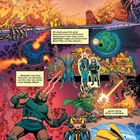 Comic-Illustration: Epische Szene mit Kriegern, Planeten und futuristischen Städten. Blitze und Feuer im Hintergrund.