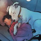 Sprechblase: "Wir tun das aus Liebe." Ein Kind schläft mit einem weißen Hund, der ein Superheldensymbol am Halsband trägt.