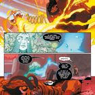 Ein brüllendes, feuerspeiendes Löwenwesen greift an. Figuren sprechen über Wetten und falsche Einschätzungen. Comic-Stil.