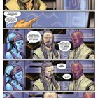Comic mit drei Charakteren diskutierend in einem futuristischen Raum. Holographische Anzeige im Hintergrund.