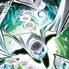 Text: "Moon Knight ist der krasseste Typ da draußen! Keiner ist härter, keiner ist zäher!" Illustration: Eine dynamische Szene mit einem maskierten Helden in Weiß, umgeben von grünen Lichteffekten.