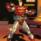 Zwei Sprechblasen: „Ihr Vollpfosten...“ und „Ihr habt die neuesten Waffen...“, daneben großes Logo: „Iron Man“. Comic-Stil.