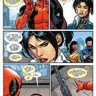 Comic mit Sprechblasen: Helden diskutieren über Waffen und Finanzen auf einer Dachterrasse. Deadpool ist prominent abgebildet.