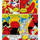 Comic-Stil, bunte Panels, feuriges Wesen greift an, Figuren in dynamischen Posen, Explosionen im Hintergrund.