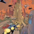 Text in Sprechblase: "Seit zehntausend Orbits..." Illustration zeigt futuristische Stadt mit fliegenden Fahrzeugen und Wesen.