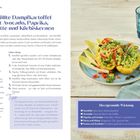 Gefüllte Dampfkartoffel mit Avocado, Paprika, Limette und Kürbiskernen. Links Anleitung, rechts fertige Speise auf Teller.