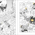 Comic-Szene: Kinder rennen panisch, Riesenfuß stampft, gelbe Augen im Nebel. Geräusche: "STOMP", "DONG", "DOM."