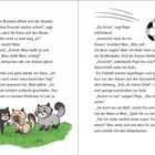 Text beschreibt eine Szene mit Katzen, die spielen und mit einem Fußball interagieren. Illustration mit drei Katzen und einem Ball.