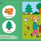 Text: "Im Park", "die Blume", "das Eichhörnchen", "die Biene", "der Baum", "Entdeckst du alle Tiere und Pflanzen im Bild?"

Illustration: Links vier Symbole mit Blume, Eichhörnchen, Biene, Baum. Rechts Frau mit Kinderwagen im Park, Eichhörnchen im Baum.