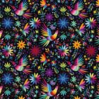 Bunte Illustration mit stilisierten Vögeln und Blumen in lebendigen Farben auf dunklem Hintergrund.