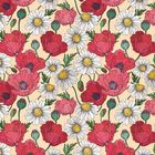 Keine Texte vorhanden. Eine Illustration mit roten Mohnblumen und weißen Gänseblümchen auf beigefarbenem Hintergrund.