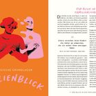 **Linke Seite:** Illustrative Darstellung von drei stilisierten Personen in bunten Farben. Text: "PSYCHOLOGISCHE GRUNDLAGEN FAMILIENBLICK".

**Rechte Seite:** Hauptüberschrift "Der Blick in die Familiensituation". Zitat: "Eltern verzeihen ihren Kindern..." von Marie von Ebner-Eschenbach. Fließtext folgt.