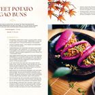 Text: "SWEET POTATO GAO BUNS", "Zutaten", "Zubereitung", "TIPP", Übersicht an zwei Spalten. Rechts purpurne Brötchen mit Füllung.
