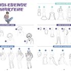 Grundlegende Charaktere: schüchterner Junge, Mädchen mit Buch, freundliches Mädchen, Junge in Badehose, Mädchen mit Schultertasche.