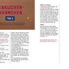 Text: "Lebkuchen-Männchen", "Tag 2", "So geht's", "Kopf und Körper", "Arm", "Fliege", "in den Farben deiner Wahl verzieren."  
Anleitung: Häkeln eines Lebkuchenmännchens mit Bildern.