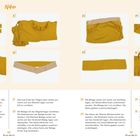 Anleitung zum Nähen einer Bluse in Senfgelb. Schritte 9-16 mit Text und Bildern, die den Nähprozess detailliert zeigen.