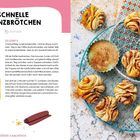 "Schnelle Franzbrötchen" Rezept mit Zutatenliste und Anweisungen. Bild von gebackenen Franzbrötchen auf einem Gitter.