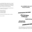 Texte: "EIN VERBRECHEN MIT VIELEN NAMEN", Schlagzeilen wie „Beziehungsdrama endet tödlich“. Links Text über gesellschaftlichen Wandel.