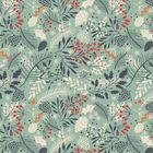 Keine Texte erkennbar. Illustration von Blättern, Beeren und Tannenzapfen auf grünem Hintergrund in einem wiederholten Muster.