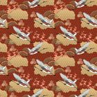 Eine japanische Illustration mit fliegenden Kranichen, roten und goldenen Wolkenmustern und floralen Details auf rotem Hintergrund.