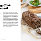 Quinoa-Chia-Kastenbrot Rezept: Zutaten und Anleitung neben einem Foto von angeschnittenem Brot mit Frischkäse.