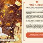 Eine Illustration mit dem Text "The Library", beschreibt eine beruhigende Bibliothek. Unten steht "Ausgleich - Ordnung - Rückzugsort".