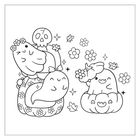 Illustration: Süße Geister und Kürbisse mit Blumen, Blättern und Sternen verzierte Kopfbänder und fröhliche Gesichter.