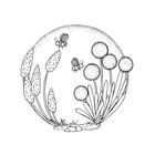 Diese Illustration zeigt Bienen, die um Blumen mit runden Blütenköpfen fliegen. Links sind längliche Pflanzen zu sehen.