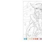 Illustration: Eine Anime-Figur mit langen Haaren und Schleife, Zahlen für Ausmalen, Hintergrund mit Sternen. Farbleiste unten.