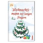 „Weihnachtsmann mit langen Fingern“ steht über einem geschmückten Weihnachtsbaum, Geschenken und Schneelandschaft.