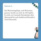 Antwort a) Beschreibung des Wettersteingebirges. Unten rechts ist ein Ausschnitt eines Dirndls zu sehen, oben links Wimpel.