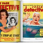 Links: "FRONT PAGE DETECTIVE", Frau neben Mordgesuch. Rechts: "INSIDE Detective", Frau im Wasser, "MURDER on the BATHING PARTY".