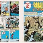 Teil 2: THE HULK STRIKES! Ein großer, grüner Mann bricht aus einem Gebäude aus; Soldaten reagieren schockiert. Comicstil.