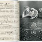 Links Text und handschriftliche Anmerkungen. Rechts Marilyn Monroe lächelnd neben ihrem Hollywood Walk of Fame Stern.