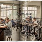 1940s. Audemars Piguet, Patek Philippe, Rolex und Fatek-Uhren. Arbeiter in weißem Kittel an Uhrenmaschinen.