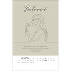 Text: "Beloved. Ich habe dich je und je geliebt, darum habe ich dich zu mir gezogen aus lauter Güte. Jeremia 31,3." Kalender mit minimalistischer Illustration einer Frau mit Blume.