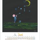 Juni. Illustration: Kind pustet Blasen zum Mond, Kalenderblatt darunter.