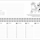JANUAR, Kalender von Januar 2027. Illustration: Personen an einem Tisch. Zitat über Hausangestellte und Korrespondenz.
